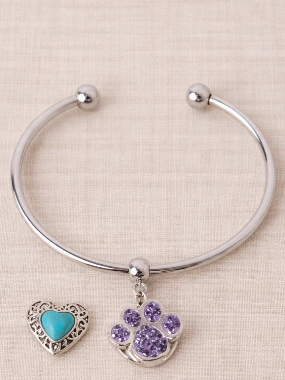Silver Snap Charm Cuff BracelePaw Print Turquoise Heart Interchangeable Snaps